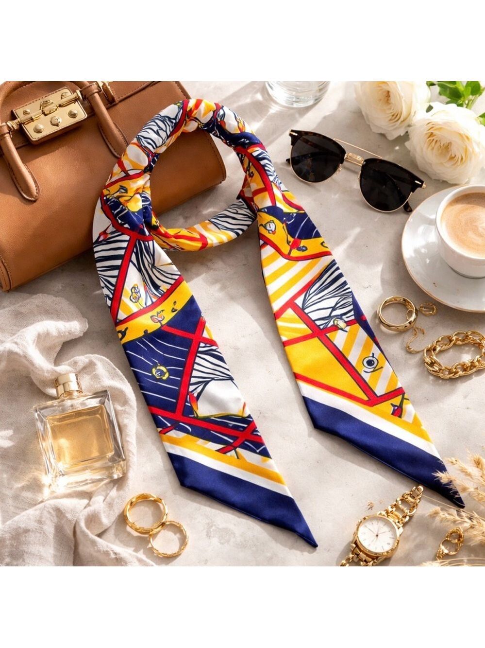 NAVY BLUE GOLD RED WHITE EQUESTRIAN HORSE SKINNY SCARF HANDBAG HANDLE WRAP TIE - Picture 3 of 7